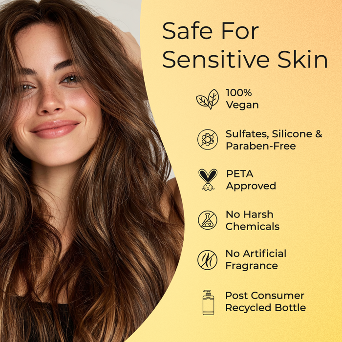 A smiling woman with long, wavy brown hair stands beside text showcasing Tree To Tub’s Thickening Collagen and Biotin Shampoo & Conditioner Starter Set: vegan collagen, biotin, 100% vegan, safe for sensitive skin, sulfate-free, PETA approved, recycled bottle.