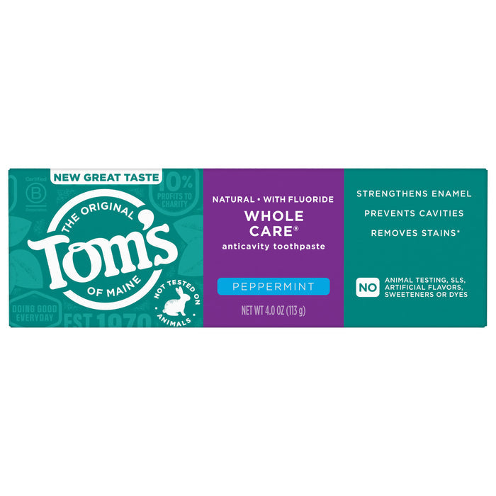 A box of Tom’s of Maine Whole Care Fluoride Toothpaste in peppermint. The packaging notes it strengthens enamel, whitens teeth, prevents cavities, and is free from artificial flavors and animal testing.