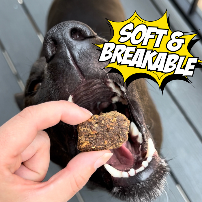 A black dog with its mouth open eagerly awaits a treat held by a hand. The treat is labeled "Soft & Breakable" with a bright comic-style burst graphic. The scene is set on a wooden floor.