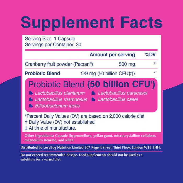 Lovebug Womens Health Probiotic - Yeast is a Beast: Each capsule delivers 50 billion CFU, four Lactobacillus strains, and 500 mg cranberry fruit powder. Supports urinary tract health and vaginal pH. Serving size: 1 capsule; 30 capsules per container.