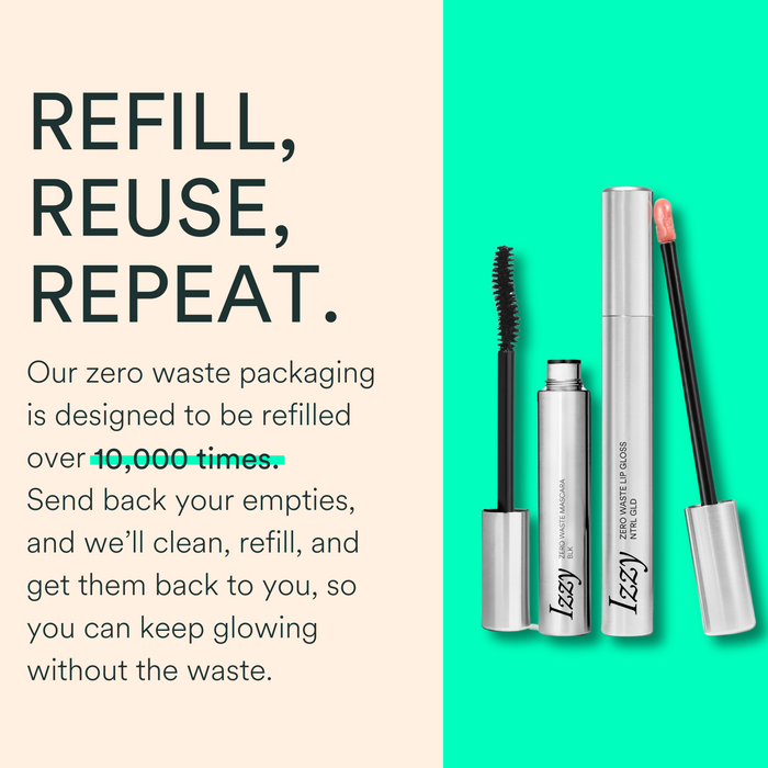 Open tubes of IZZY Zero Waste Beauty’s Zero Waste Mascara are shown beside text promoting refillable packaging, reusable up to 10,000 times. A beige and teal background highlights our commitment to sustainable beauty.