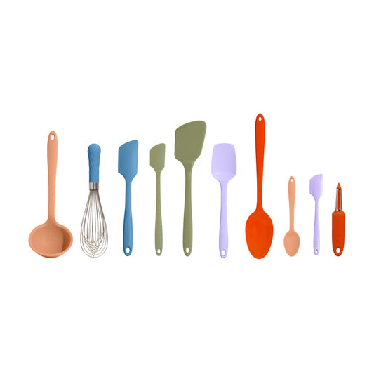 The 10-Piece Best Sellers Kitchen Tool Set by GIR features nine silicone tools like a ladle, whisk, and colorful spatulas in peach, blue, green, lavender, and orange with hanging holes. Made from heat-resistant platinum-cured silicone for durability. A small peeler complements the lineup on the right.