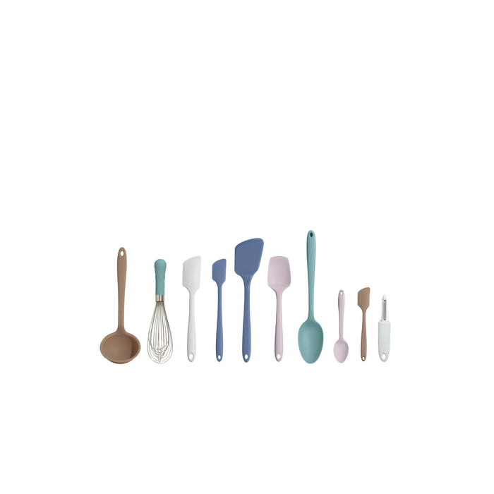 The GIR 10-Piece Best Sellers Kitchen Tool Set beautifully arrays heat-resistant silicone utensils against a white background, showcasing a ladle, whisk, spatulas, spoon, and peeler in brown, teal, white, blue, and pink.