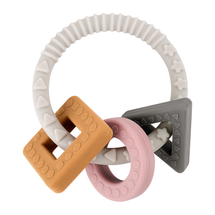 The Haakaa 100% Food Grade Silicone Sensory Development Teething Ring offers a BPA-free design with three textured shapes—a mustard yellow square, pink circle, and gray triangle—all featuring raised details for improved grip and sensory stimulation to provide comforting teething relief.