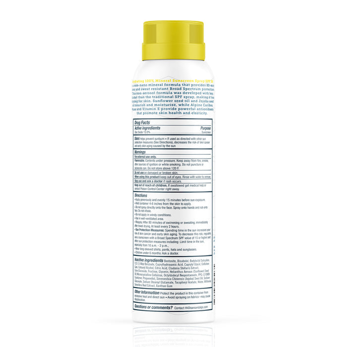 A white aerosol can with a yellow cap is labeled Oars + Alps 100% Mineral Antioxidant Sunscreen Spray - SPF 30. The back shows black text with drug facts, directions, and ingredients, though the small print isn’t fully legible in the image.