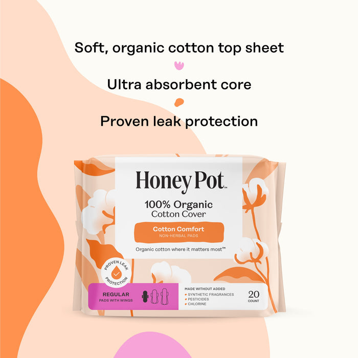 A pack of The Honeypot Company 100% Organic Cotton Cover Pads is shown, offering a soft organic cotton top sheet, ultra-absorbent core, and leak protection. Each non-herbal pack contains 20 regular pads with wings.