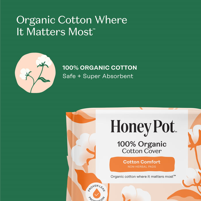 A package of The Honeypot Company 100% Organic Cotton Cover Pads is displayed against a green background, with text highlighting their organic cotton, safety, and absorbency. A flower illustration is also visible.