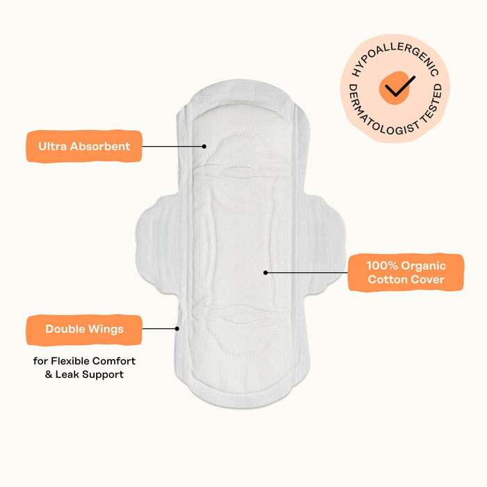 The Honeypot Companys 100% Organic Cotton Cover Pads are non-herbal pads with ultra absorbency, double wings for comfort and leak protection, a hypoallergenic 100% organic cotton cover, and are dermatologist-tested.
