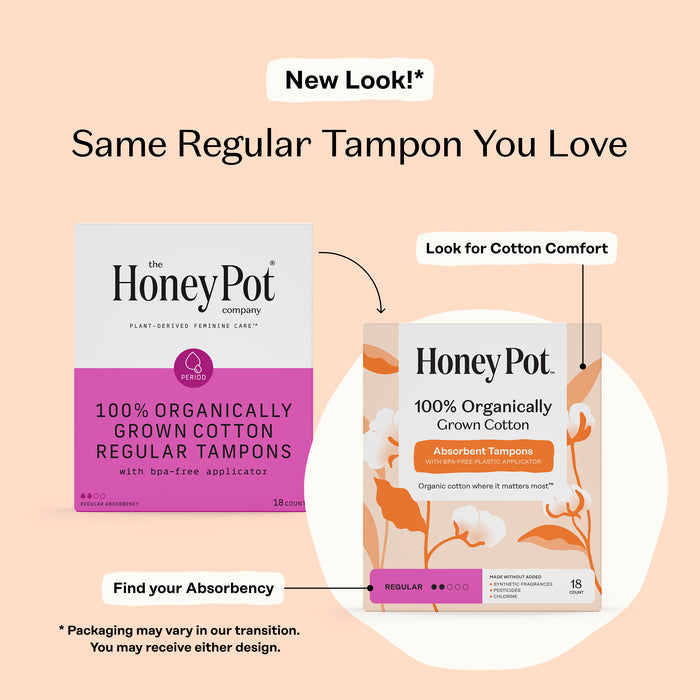 Two The Honeypot Company 100% Organic Regular Tampons boxes are side by side, showing new white-and-orange floral packaging vs. the old pink design. Arrows highlight organic tampons and better leak protection features on the new box.