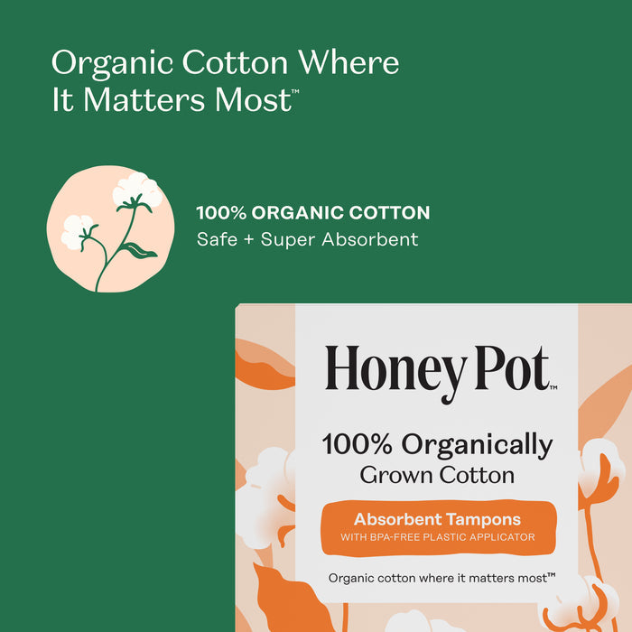 Image with a green background reads, "100% Organic Cotton Where It Matters Most." Below, text highlights Safe and Super Absorbent. A box of The Honeypot Company 100% Organic Regular Tampons with reliable leak protection is partly visible.