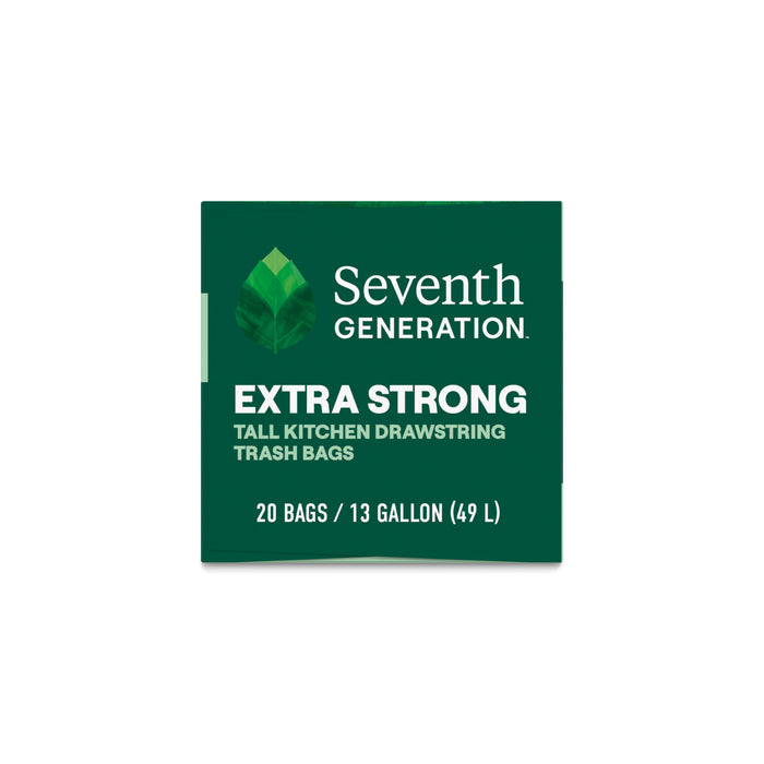 The green box of Seventh Generations 13 Gal Tall Kitchen Drawstring Trash Bags features a leaf design and includes 20 bags enhanced with Genecore® technology for tear-resistant durability.
