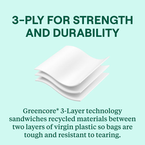 The 13 Gal Tall Kitchen Drawstring Trash Bags by Seventh Generation feature an illustration of three stacked sheets labeled 3-Ply for Strength and Durability, showcasing Genecore® 3-Layer technology with recycled materials between virgin plastic layers for tear-resistant bags.