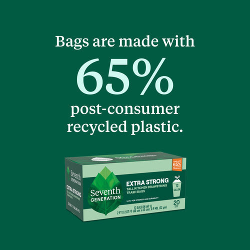 Green background with text: Seventh Generation 13 Gal Tall Kitchen Drawstring Trash Bags are made with 65% post-consumer recycled plastic. Below the text, theres a box showing Extra Strong, tear-resistant bags featuring Genecore® technology and a leaf logo, indicating 20 bags per box.
