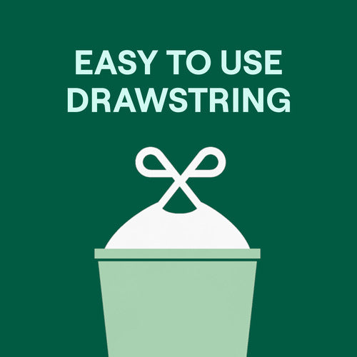 Illustration of a green 13 Gal Tall Kitchen Drawstring Trash Bag with a white tie, set against dark green. EASY TO USE DRAWSTRING appears in white, highlighting Seventh Generations tear-resistant bags with Genecore® 3-layer technology.