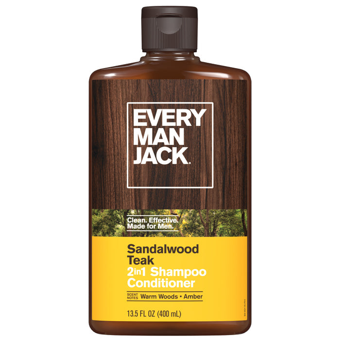 A 13.5 fl oz bottle of Every Man Jack 2-in-1 Shampoo and Conditioner for Men, featuring a woodgrain design with a yellow label, is cruelty-free, made with clean ingredients, and formulated to be clean, effective, and specifically made for men.