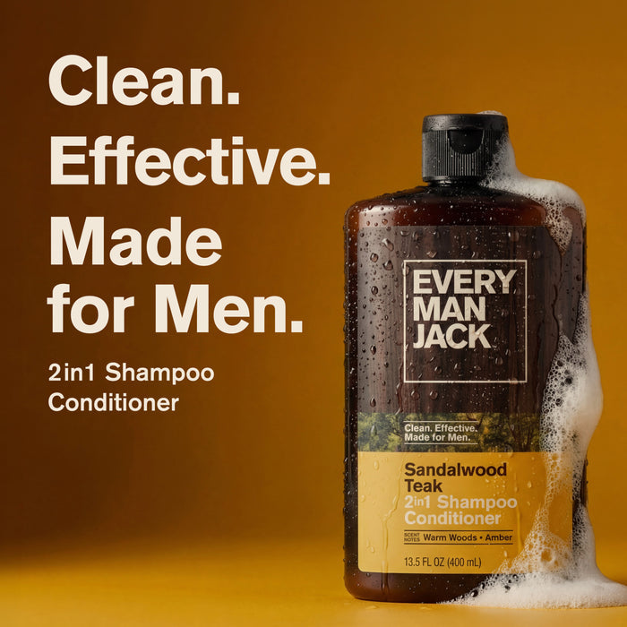 A bottle of Every Man Jack 2-in-1 Shampoo and Conditioner for Men, Naturally Derived, partially covered in suds, with bold text: Clean. Effective. Made for Men. This essential men’s grooming product elevates your routine on a rich brown background.