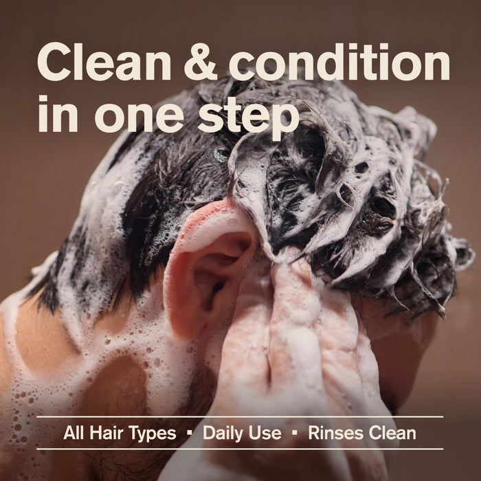 A man washes his hair with Every Man Jack 2-in-1 Shampoo and Conditioner for Men, creating a rich lather. Text reads: Naturally derived 2-in-1 formula cleanses and conditions in one easy step—suitable for all hair types, daily use, rinses clean; ideal for men’s grooming.