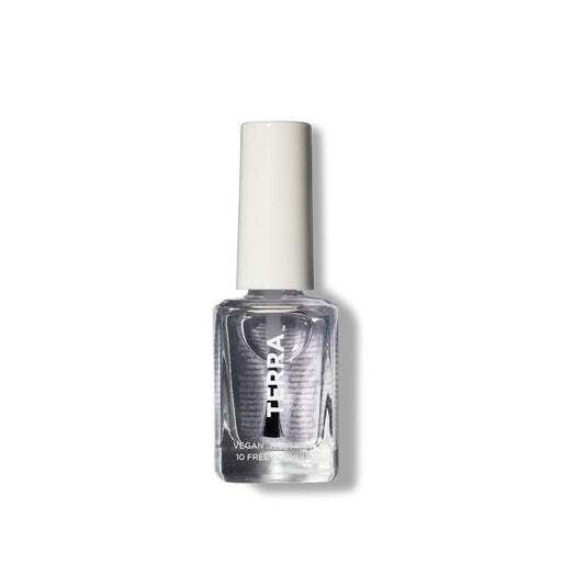 The 2 in 1 Top and Base Coat nail polish bottle, labeled Terra Beauty Bars, features a white cap and highlights its vegan and 10-free formula. The words vegan and 10-free are prominent as it stands upright against a white background with a subtle shadow.