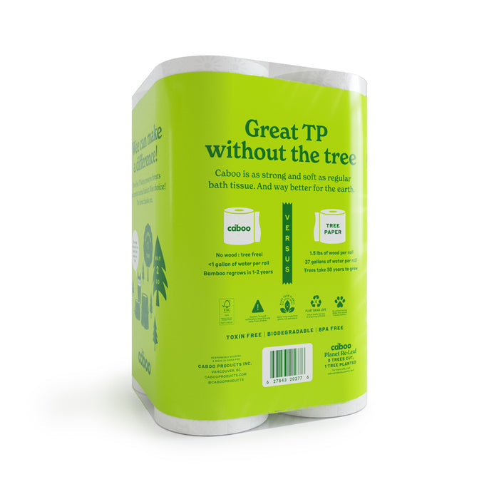 A green and white package of Caboo 2-Ply Bath Tissue includes the Great TP without the tree slogan. Eco-friendly icons indicate its biodegradable and septic safe. The tree-free package offers six rolls.