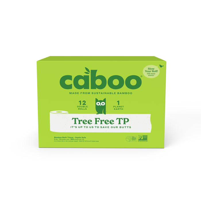 A green box of Caboo 2-Ply Bath Tissue (300 sheets per roll) contains 12 double rolls of sustainable, tree-free toilet paper that's septic safe and features eco-friendly logos and “Tree Free TP” messaging.