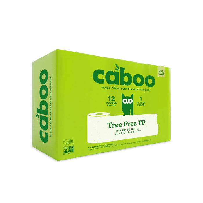 Caboo 2-Ply Bath Tissue (300 sheets per roll) comes in a green box with 12 double rolls, made from sustainable bamboo. Features eco-friendly messages, is septic safe, and supports a tree-free lifestyle.
