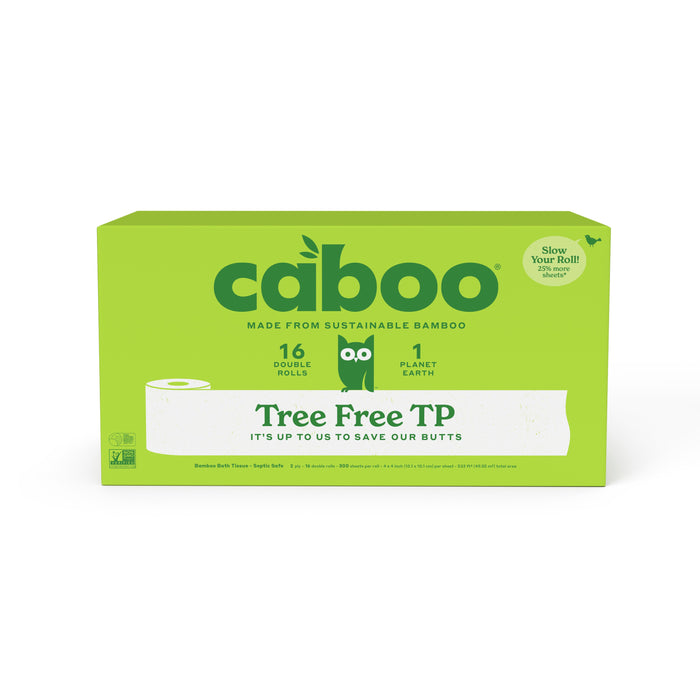 A green box of Caboo 2-Ply Bath Tissue (300 sheets per roll) displaying Tree Free TP branding, with 16 double rolls of septic safe bamboo toilet paper, eco-friendly messaging, and an owl graphic on the front.