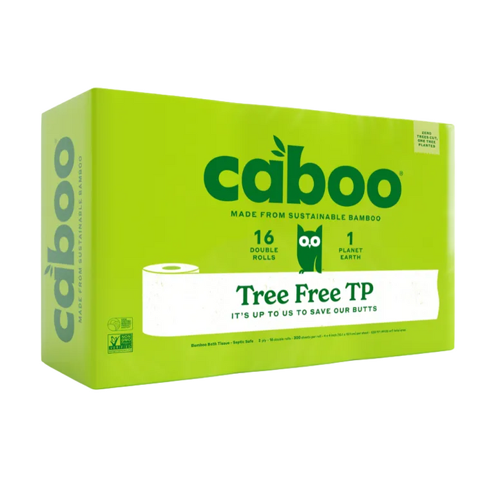 A green box of Caboo 2-Ply Bath Tissue (300 sheets per roll), labeled Tree Free TP, made from bamboo and featuring 16 double rolls. The packaging highlights that it is eco-friendly and septic safe with the slogan, “It’s up to us to save our butts.”.