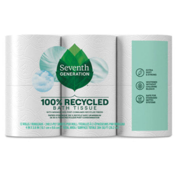 Seventh Generation 2-Ply Bathroom Tissue, with its leaf-covered packaging, emphasizes its 100% recycled paper, extra softness, chlorine bleach-free content, and absence of dyes, inks, or fragrances. It is septic-safe and includes 12 rolls of 240 sheets each.