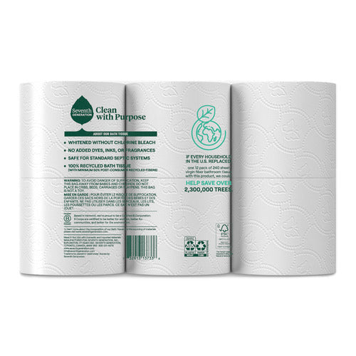 Three rolls of Seventh Generation 2-Ply Bathroom Tissue (240 sheets per roll) in eco-friendly packaging, highlighting chlorine bleach-free and septic-safe features. It emphasizes tree-saving, includes recycling symbols, and displays brand logos.
