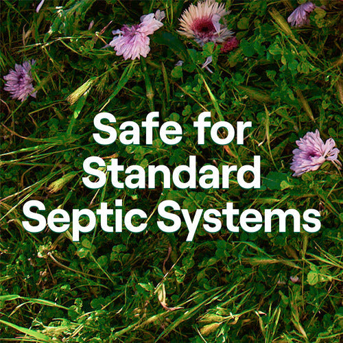 Seventh Generations 2-Ply Bathroom Tissue (240 sheets per roll) is highlighted over grass and purple flowers, showcasing its septic-safe, chlorine-bleach-free qualities.