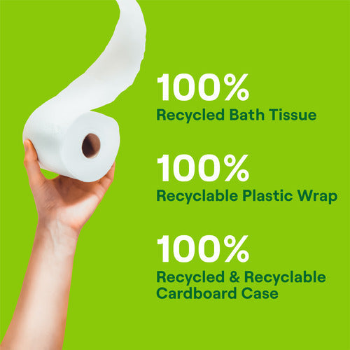 A hand holds a roll of toilet paper against a green background. Text beside it reads: Seventh Generation 2-Ply Bathroom Tissue, 240 sheets per roll, 100% Recycled Bath Tissue, septic-safe, chlorine bleach-free, with recyclable plastic wrap and cardboard case.