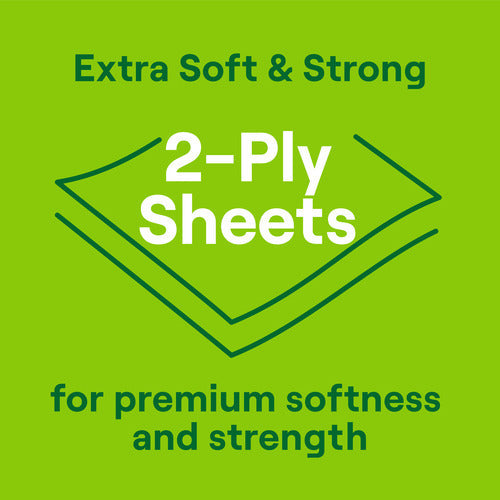 Green background showcasing: Seventh Generations 2-Ply Bathroom Tissue (240 sheets per roll), offering premium softness and strength. Featuring line art of overlapping sheets, these recycled-paper tissues are gentle on nature and septic-safe.
