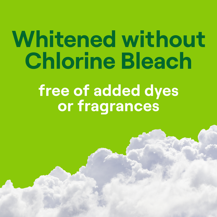A green background with the text: Whitened without Chlorine Bleach and free of added dyes or fragrances,” featuring fluffy white clouds, highlights the septic-safe qualities of Seventh Generations 2-Ply Bathroom Tissue (240 sheets per roll).