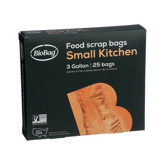 A black box with white and orange text, ideal for storing 3-Gallon Food Waste Bags or other compostable bags from BioBag.