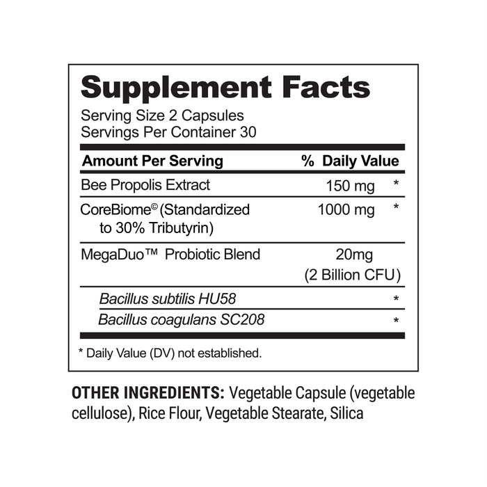The 3-in-1 Complete Gut Health capsules by Beekeepers Naturals have a serving size of 2 capsules, with each container offering 30 servings. Ingredients: Bee Propolis Extract, CoreBiome, and MegaDuo Probiotic Blend for digestive support; other ingredients include rice flour and silica.