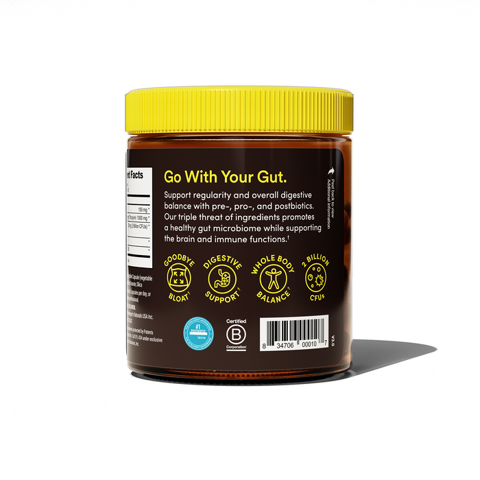 A jar with a yellow lid features the label 3-in-1 Complete Gut Health by Beekeepers Naturals, promoting digestive balance with pre-, pro-, and postbiotics. Icons highlight benefits like bloating reduction and immune support, powered by propolis, with certification marks below.