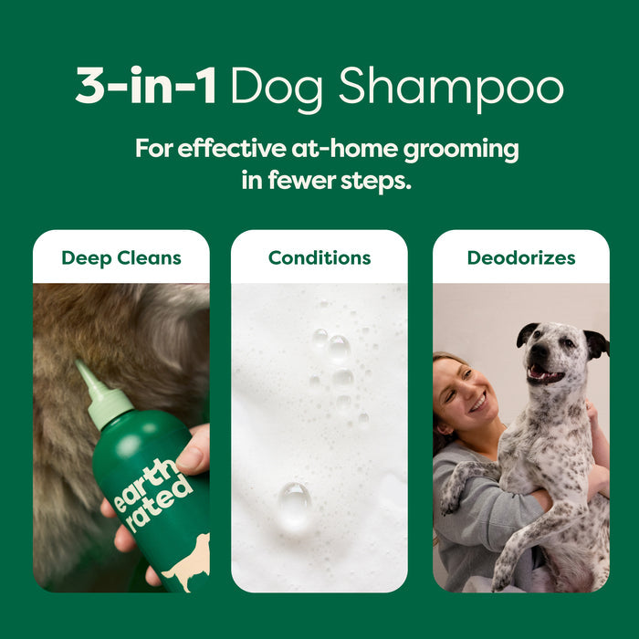 A promotional image for Earth Rateds 3-in-1 Double Coat Dog Shampoo showcases jojoba seed oil. Three sections illustrate: applying shampoo to a dogs coat, a close-up of rich suds, and a happy dog being held. Text reads: Deep Cleans, Conditions, Deodorizes.