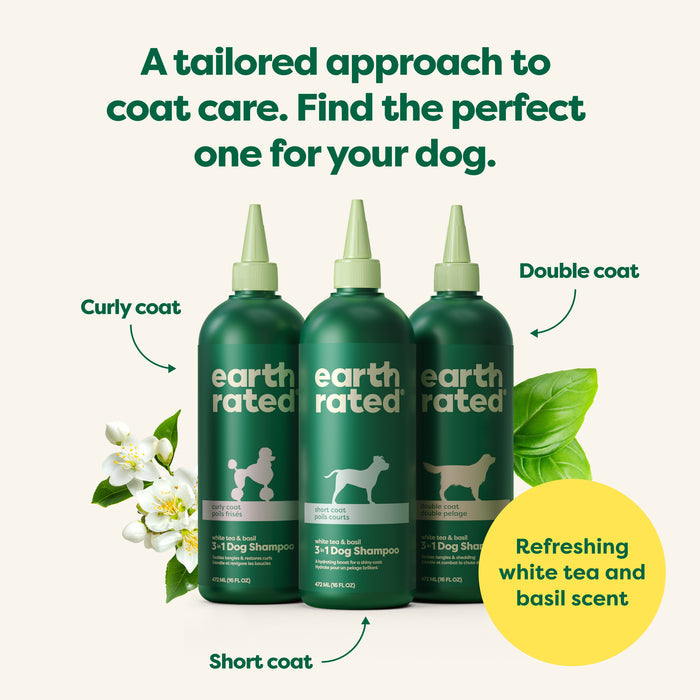 Discover Earth Rateds 3-in-1 Short Coat Dog Shampoo, specifically designed for short coats and infused with argan oil. Its refreshing white tea and basil scent offers a tailored approach to coat care.