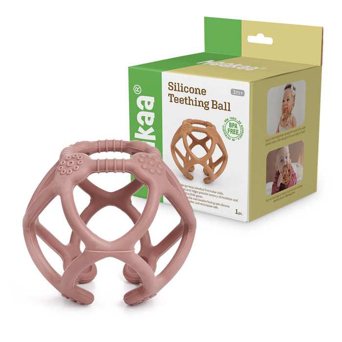 A brown silicone teething ball is pictured in front of its packaging. The box, featuring images of happy babies, displays Haakaa, 100% Food Grade Silicone Teething Ball, and 3m+. It highlights the FDA-approved, BPA-free quality with a detailed description.