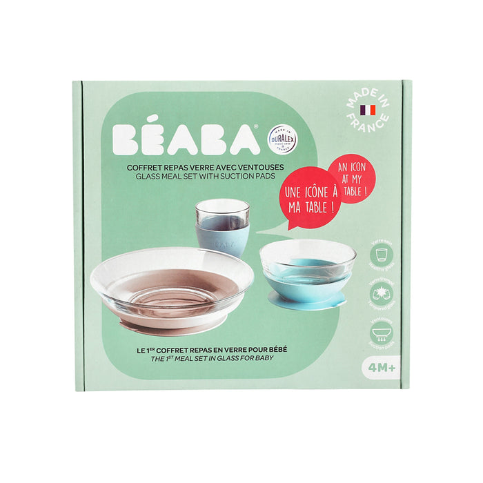 The BEABA 3-Piece Glass Suction Baby and Toddler Feeding Set is eco-friendly tableware featuring Duralex glass with a bowls suction pads. The pastel green box, with French and English text, includes safety and quality icons plus a Made in France label, suitable for ages 4 months and up.