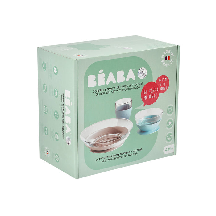 This BEABA eco-friendly 3-piece set is crafted in France for babies 4 months and older. It includes a stylish Duralex glass meal set with suction pins, bowls, and a cup.
