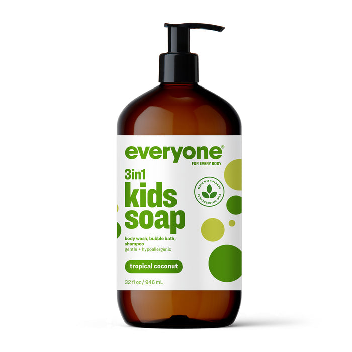 The Everyone 3in1 Kids Soap Shampoo & Bubble Bath comes in a brown bottle with a black pump and green and white label, offering a hypoallergenic, gentle tropical coconut scent cleanser for body, hair, and bath enriched with essential oils.