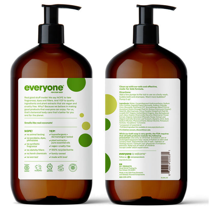 Two brown Everyone pump bottles with green text feature the delightful coconut-scented 3in1 Kids Soap Shampoo & Bubble Bath. The front promotes it as a versatile cleanser, while the back details ingredients and essential oils for natural and safe use. Various certifications are included.