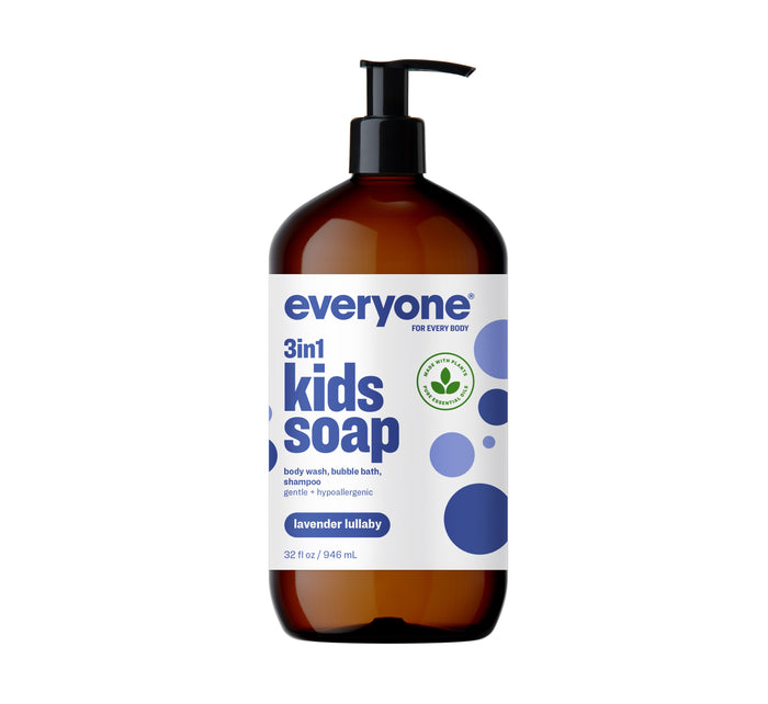 The Everyone 3in1 Kids Soap Shampoo & Bubble Bath comes in a 32 fl oz brown bottle with a pump, featuring blue bubble graphics. Its gentle, hypoallergenic, infused with essential oils for a lavender lullaby scent and serves as body wash, bubble bath, and shampoo.