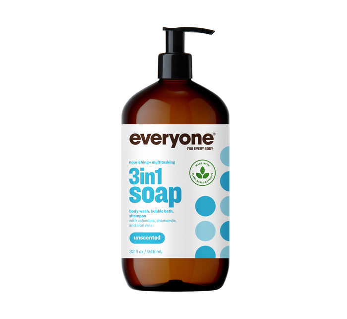 A 32 fl oz brown pump bottle labeled Everyone 3in1 Soap, Shampoo, & Bubble Bath features blue graphic circles and offers unscented, nourishing multitasking for body wash, bath, and hair care.