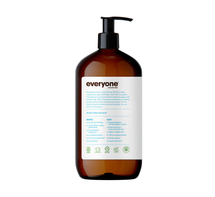 A brown bottle with a black pump labeled Everyone features the versatile 3in1 Soap, Shampoo, & Bubble Bath. The label emphasizes natural ingredients with essential oils, exclusions list, and symbols for eco-friendliness, veganism, and cruelty-free attributes.