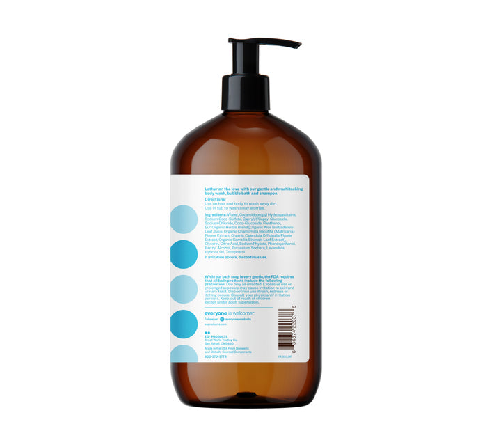 The Everyone 3in1 Soap, Shampoo, & Bubble Bath comes in a brown pump bottle with a blue and white label that lists ingredients like water, cocamidopropyl betaine, and sodium chloride. Its gentle formula is perfect for both shampooing and bathing, featuring blue dots on the left side of the label.