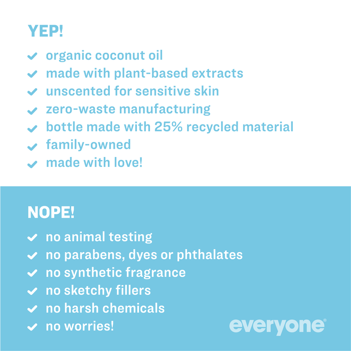 Image divided into two sections with checklists. "Yep!" section lists positives: organic coconut oil, plant-based extracts, unscented, zero-waste, recycled materials, family-owned. "Nope!" section lists negatives: no animal testing, parabens, synthetic fragrance, or harsh chemicals.