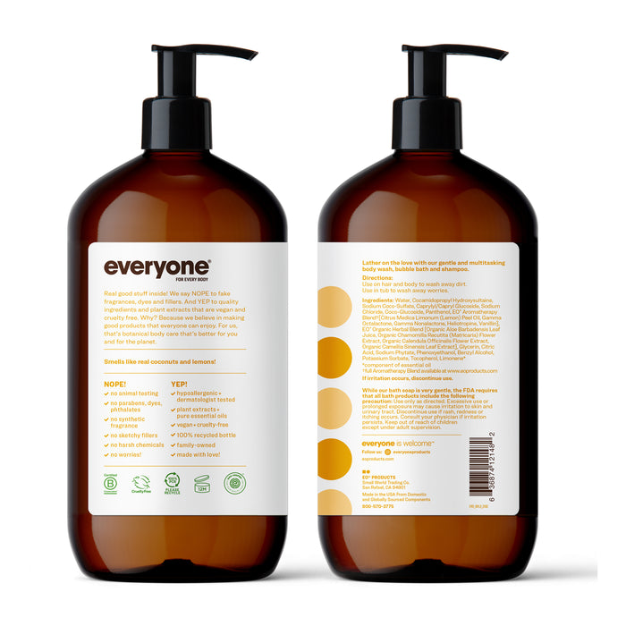 Two amber pump bottles labeled Everyone with white labels: one shows the front with 3in1 Soap, Shampoo, & Bubble Bath; the other reveals details and ingredients, including essential oils for an invigorating experience, designed to enhance personal care routines.