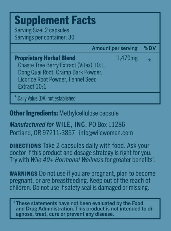 The image shows the supplement facts label for WILEs 40+ Period Support capsules, featuring ingredients like Chaste Tree Berry and Cramp Bark Powder, along with period support details, usage instructions, warnings, and manufacturer info for Wile, Inc.